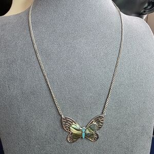 Artistry Abalone Shell Butterfly Necklace Silver Tone Turquoise Blue